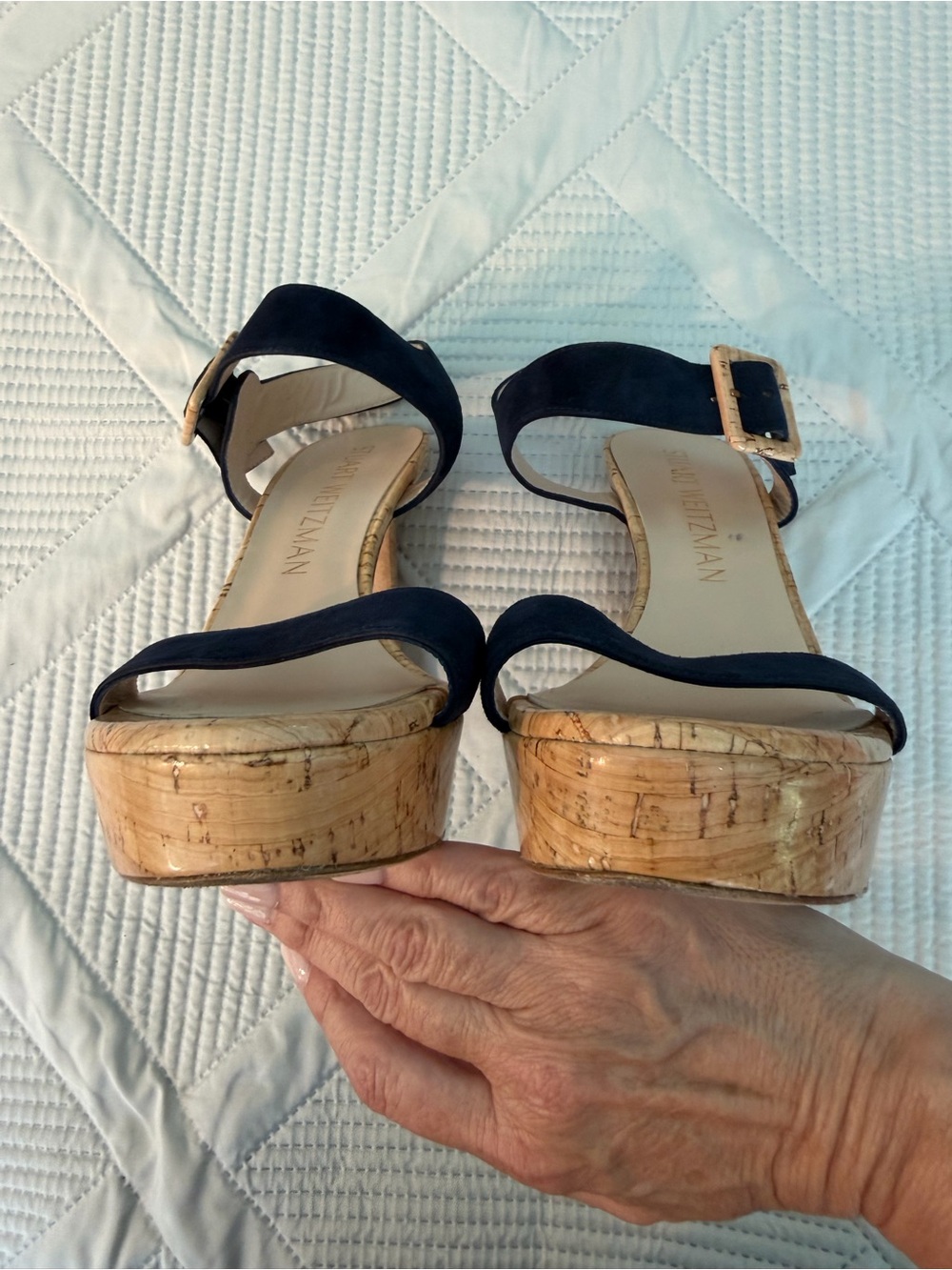 Stuart Weitzman Alesha Navy Suede Strap Cork Platform Sandals Size 9 Nearly New - Picture 13 of 13
